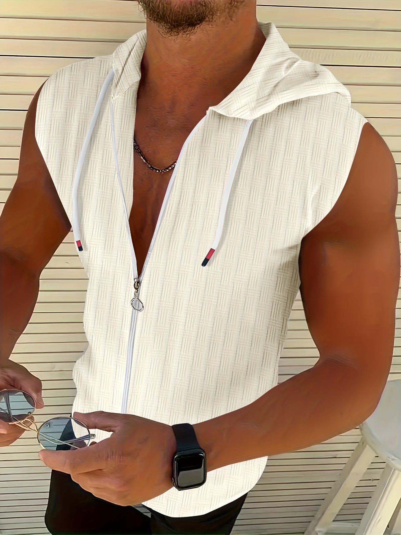 Zeiron | Mouwloos hoodie tanktop met rits voor heren – lichte zomerse gym hoodie vest