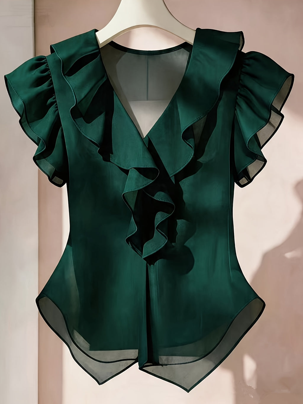 Vaenyra | Damesblouse in Franse stijl van chiffon – effen kleur met ruches en korte mouwen
