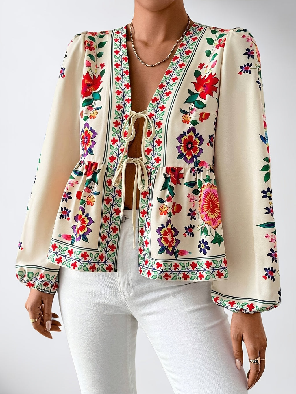 Aletha | Elegant Floral Print Blouse for Women – Long Puff Sleeves, Tie Closure, V-Neck