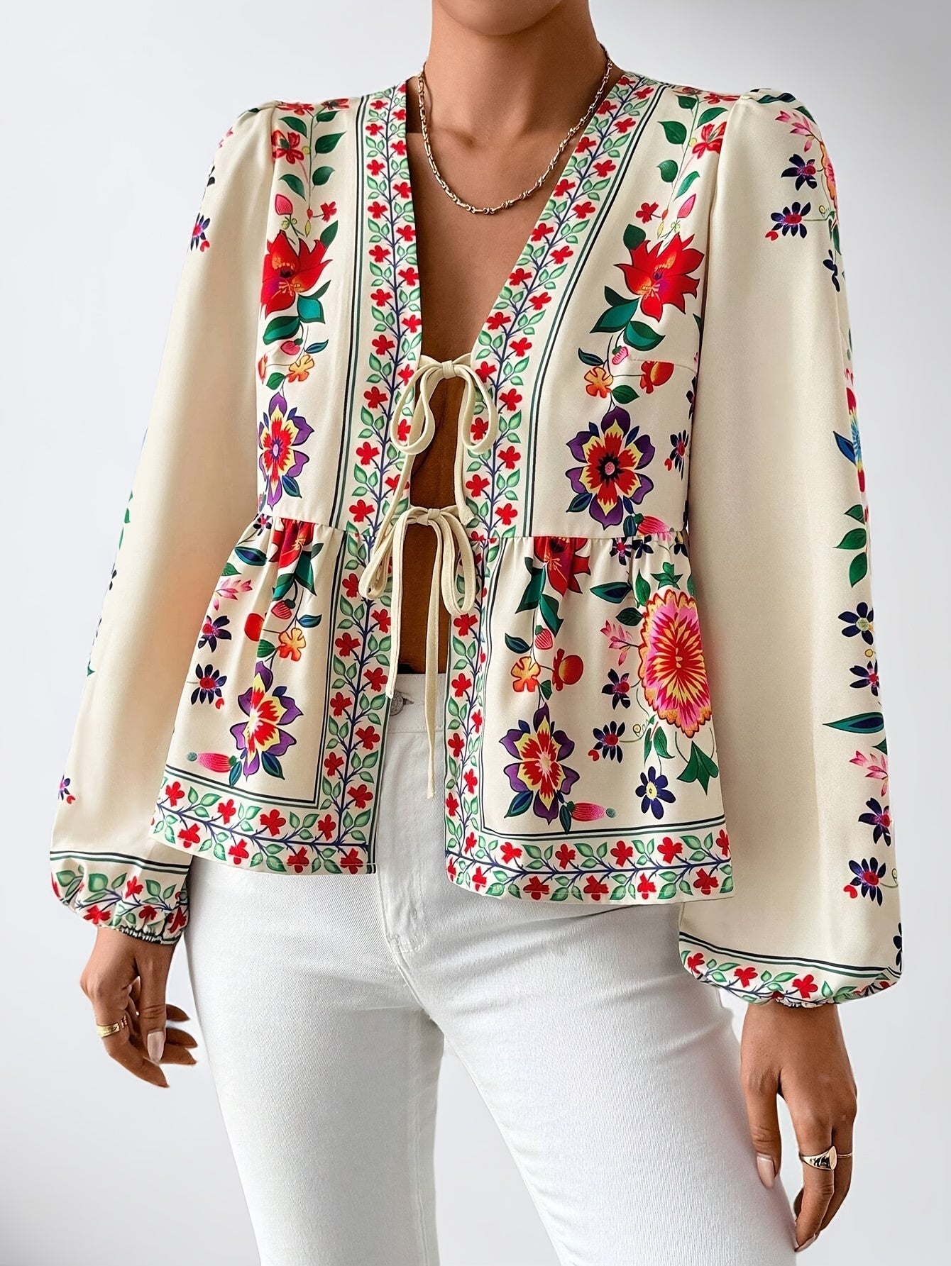 Aletha | Elegant Floral Print Blouse for Women – Long Puff Sleeves, Tie Closure, V-Neck