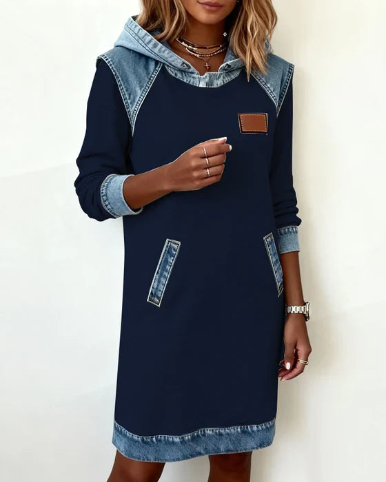 Mirana | Casual jurk met lange mouwen, denim capuchon en contrasterende stiksels – Comfortabele outfit