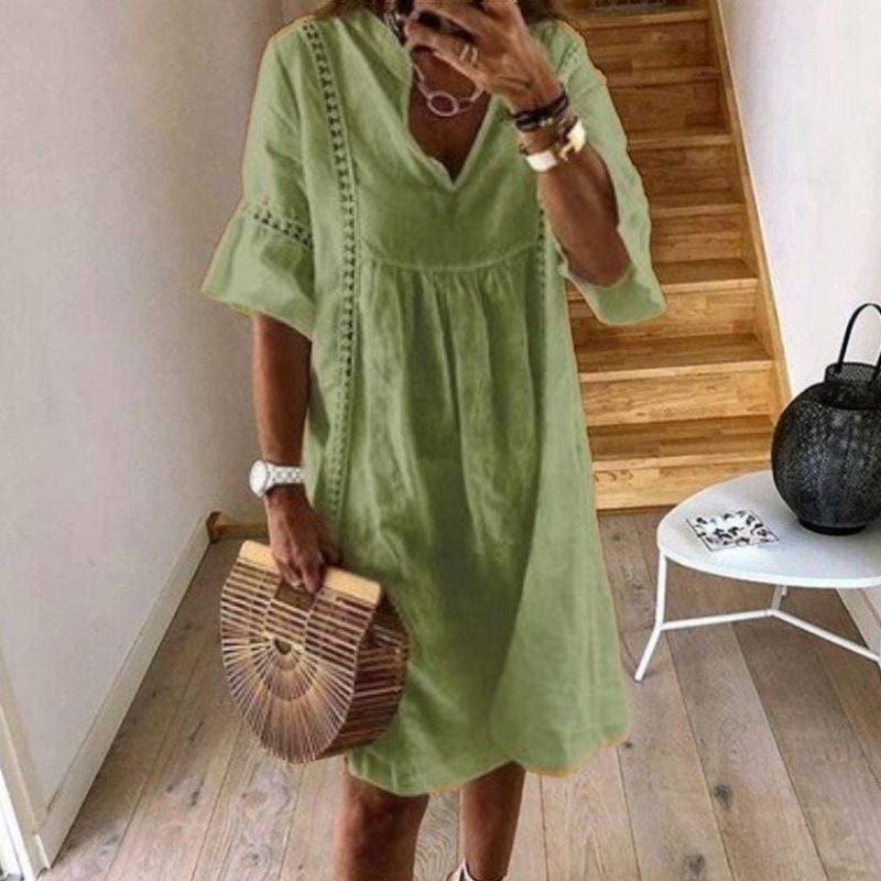 Queralt | Bohemian V-neck Airy Dress - Short Sleeve, Knee-Length
