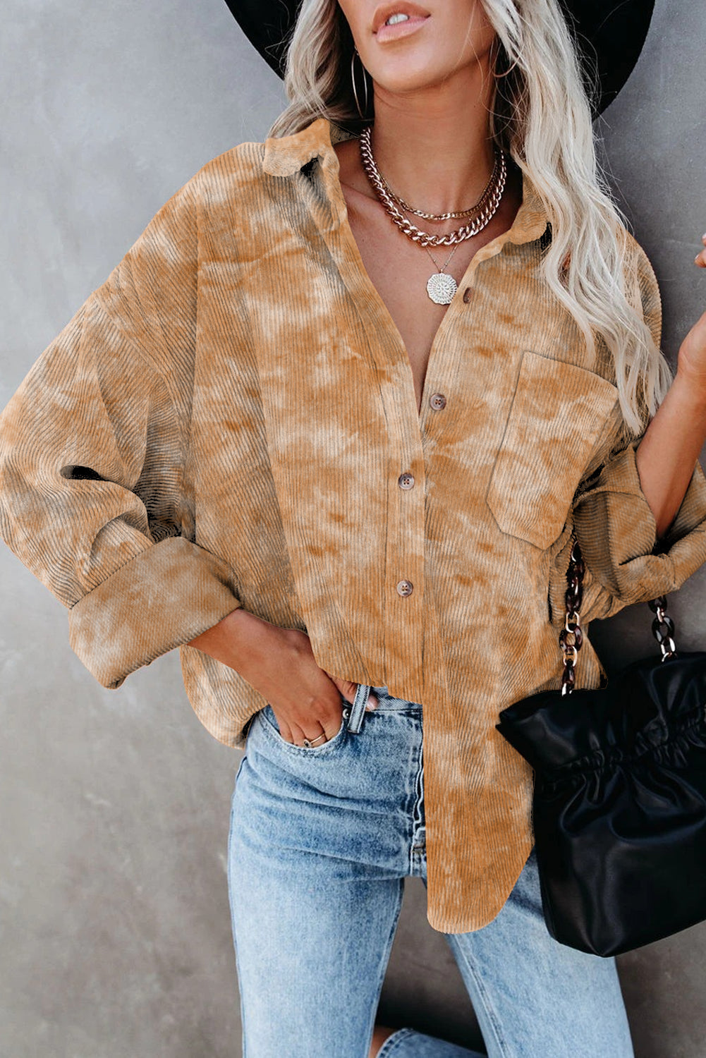 Delyra | Women's tie-dye corduroy shirt - Oversized, Long sleeves, Button closure - casual top