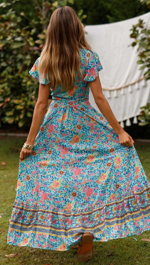 Giada | Floral V-neck Maxi Dress - Elegant Dress for Women, Boho Chic Floral Print