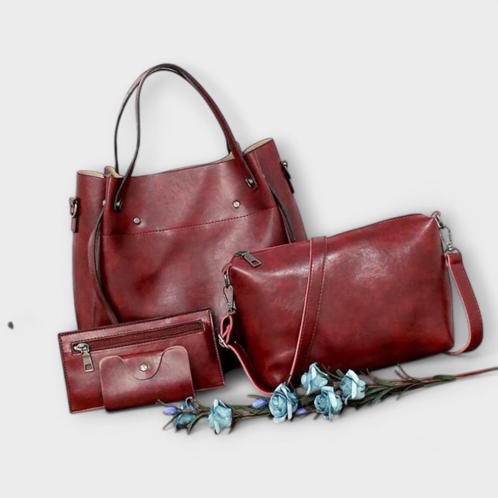 Bagvana | 4-delige vintage lederen tassen set – handtas, schoudertas, portemonnee en etui voor dames