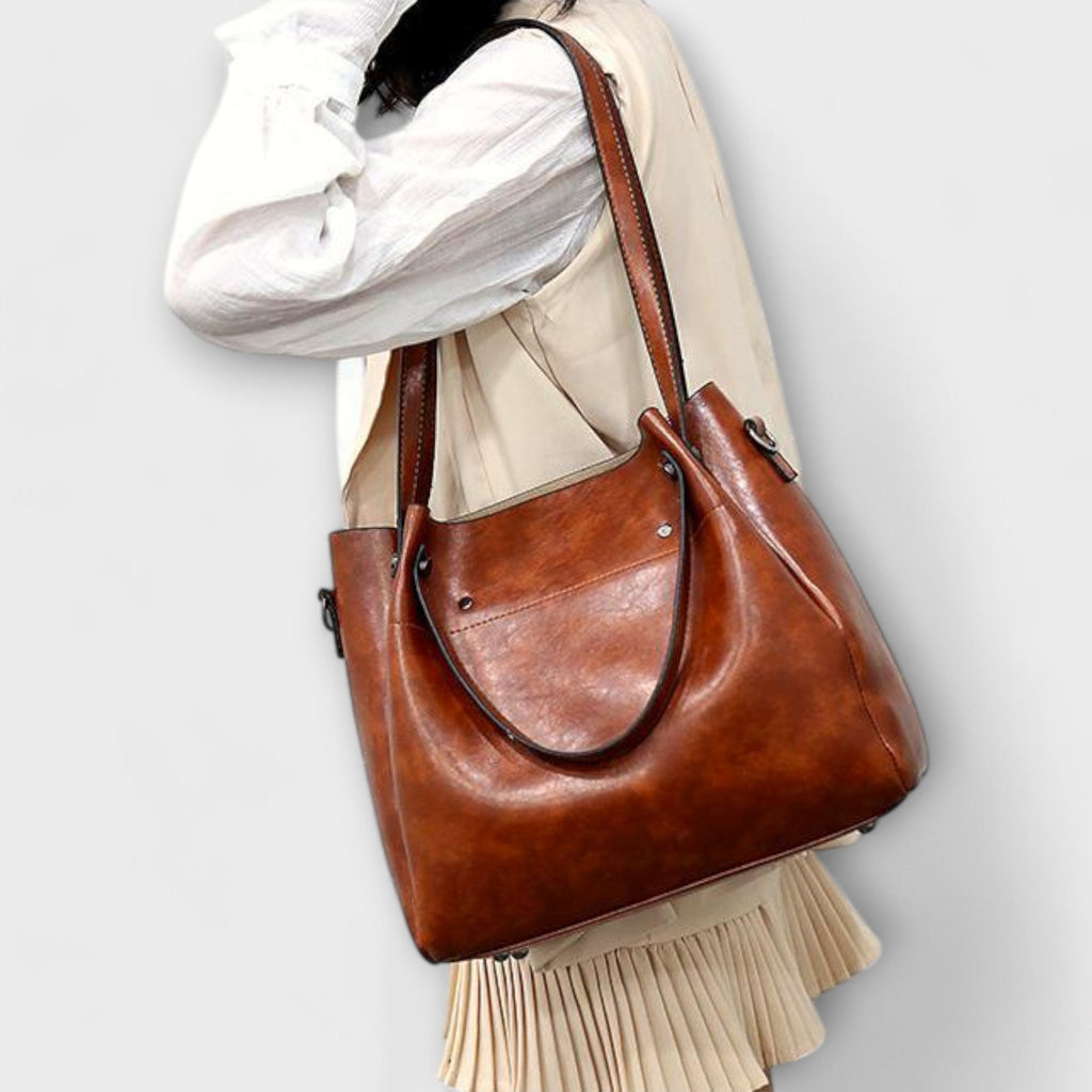 Bagvana | 4-delige vintage lederen tassen set – handtas, schoudertas, portemonnee en etui voor dames
