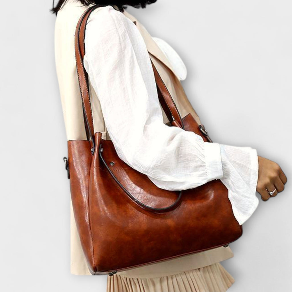 Bagvana | 4-delige vintage lederen tassen set – handtas, schoudertas, portemonnee en etui voor dames