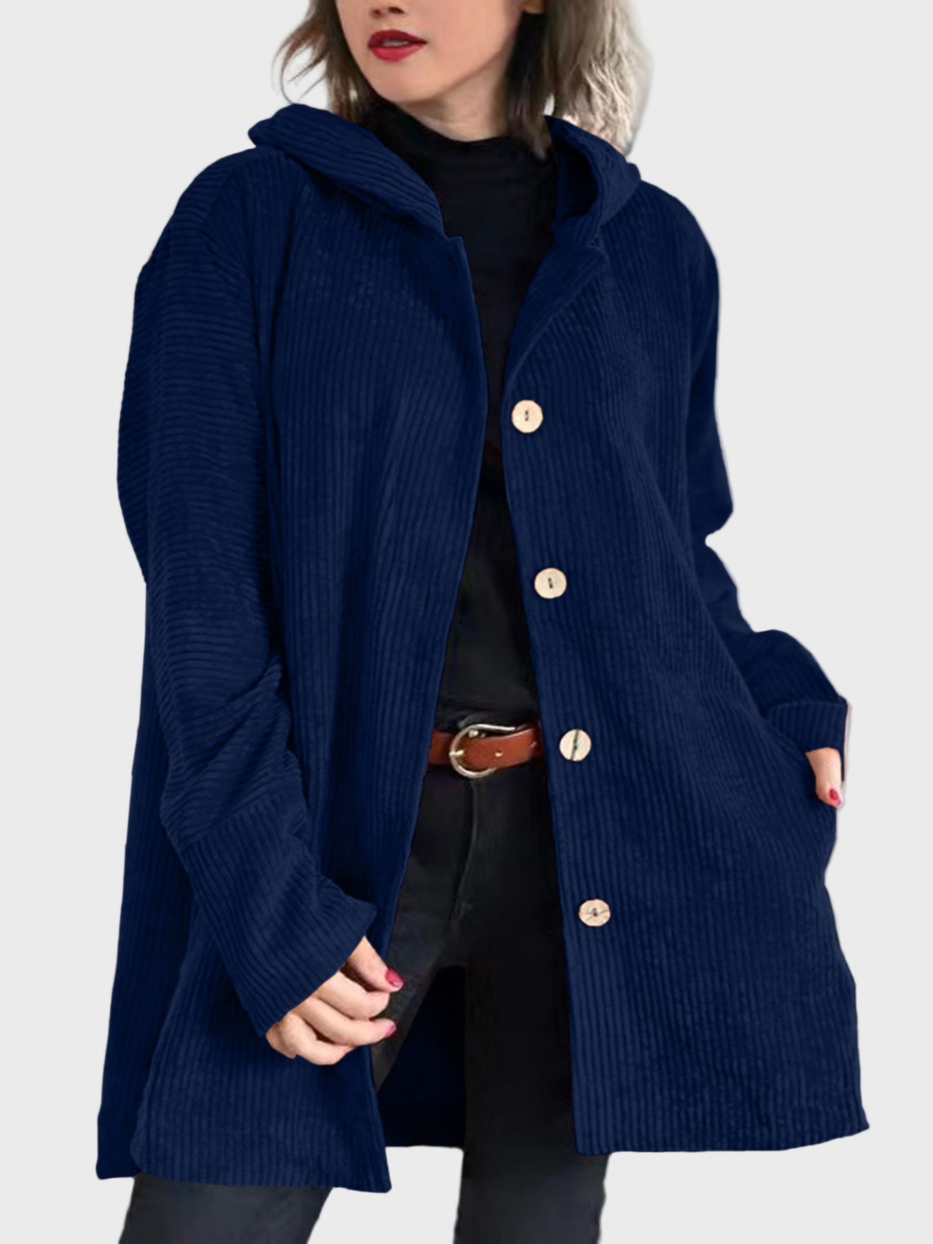 Adelgunde | Dames corduroy jas met capuchon – Casual herfst-winterjas met knopen aan de voorkant