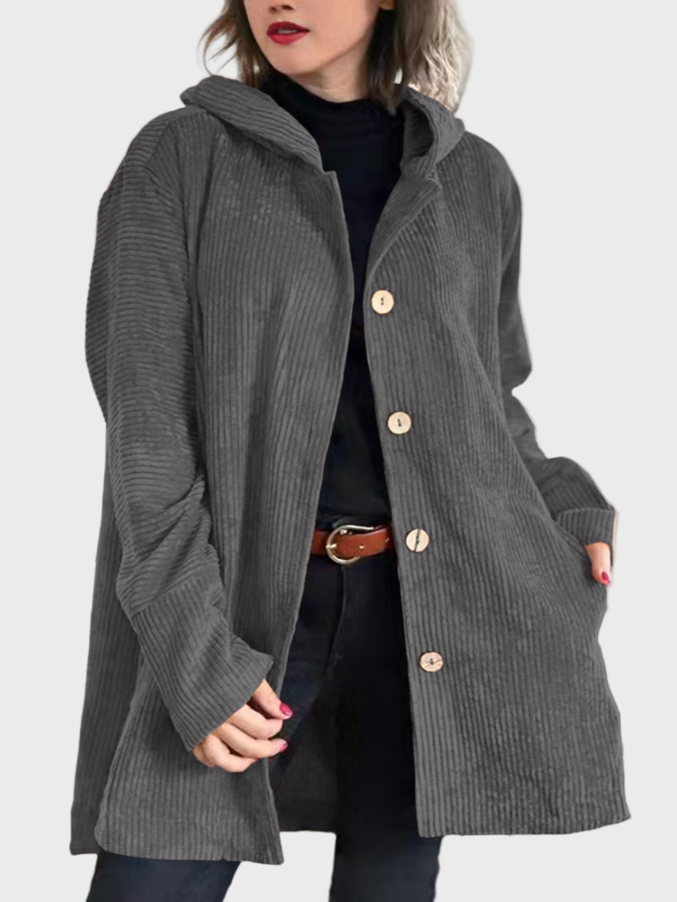 Adelgunde | Dames corduroy jas met capuchon – Casual herfst-winterjas met knopen aan de voorkant