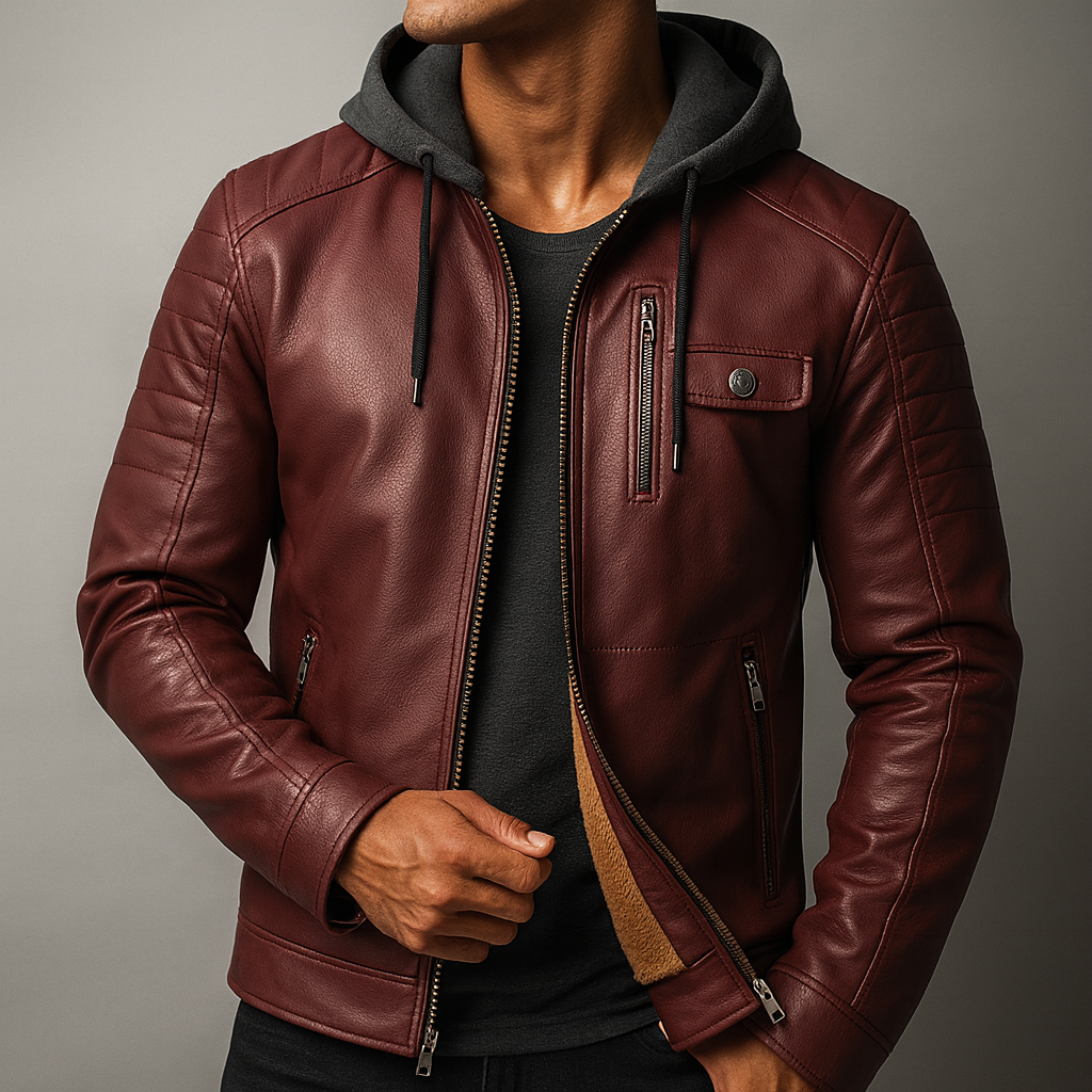 Eryk | Herenleren jas met capuchon, fleecevoering, casual streetwear, buitenkleding voor alle seizoenen