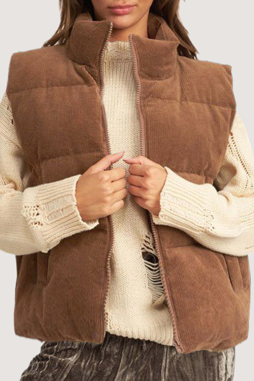 Dagny | Corduroy Puffer Vest met Ritssluiting Staande Kraag Casual Jack voor Dames