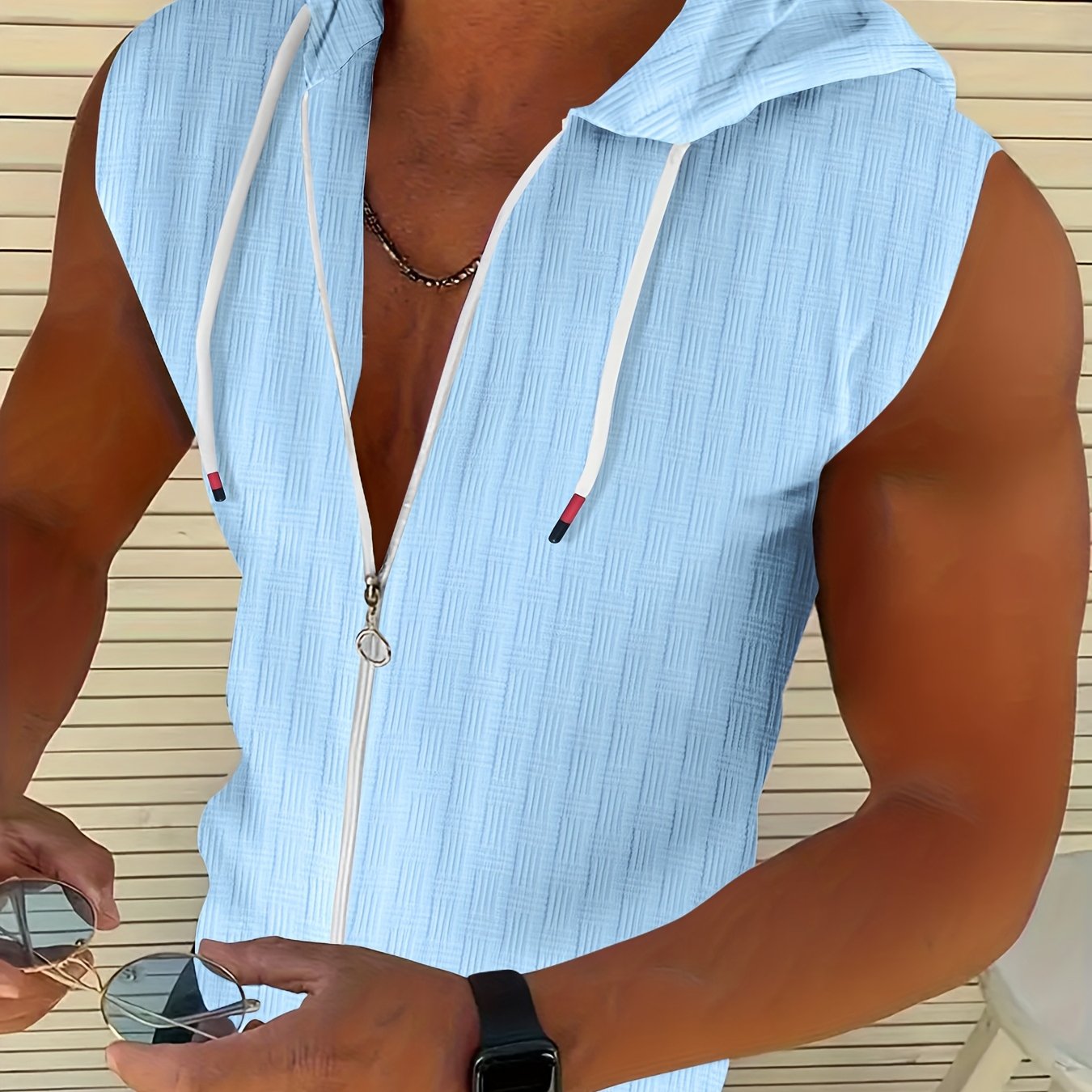 Zeiron | Mouwloos hoodie tanktop met rits voor heren – lichte zomerse gym hoodie vest