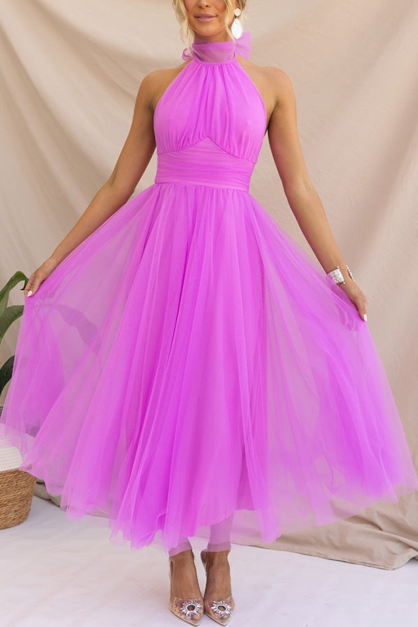 Bellina | Elegant Long Halter Neck Dress - Mesh Fabric