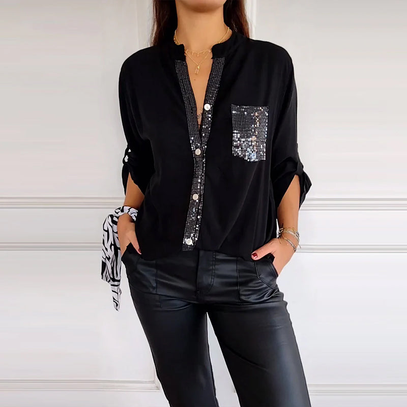 Stella | Elegant Sequin Blouse - Casual Button-Down Top with Adjustable Cuffs