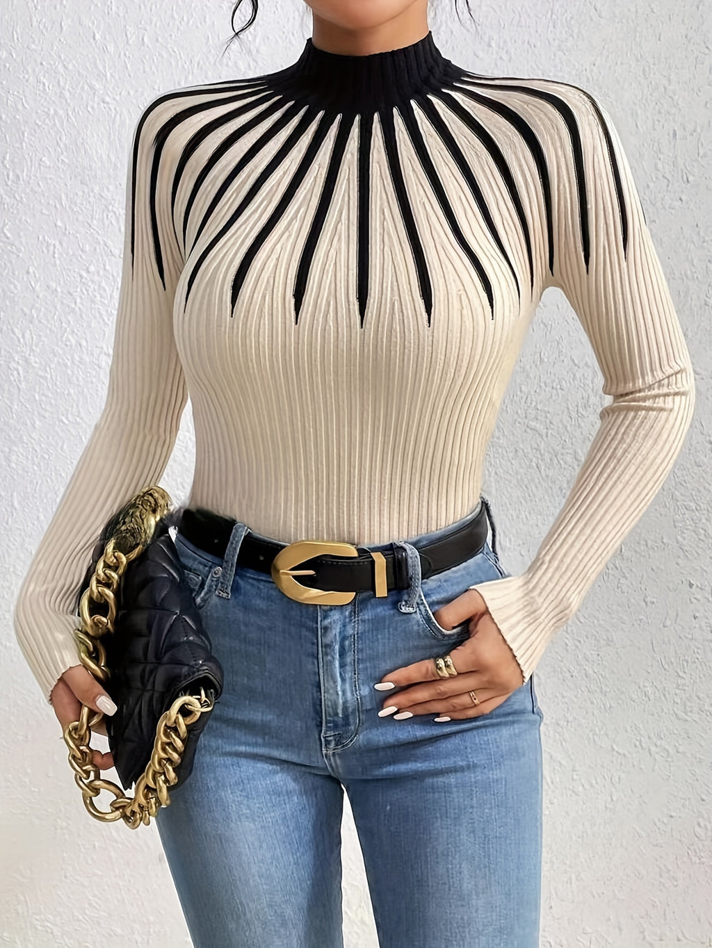 Dulcinea | Elegante ribgebreide trui met kleurblokken - Pullover met lange mouwen en ronde hals voor dames