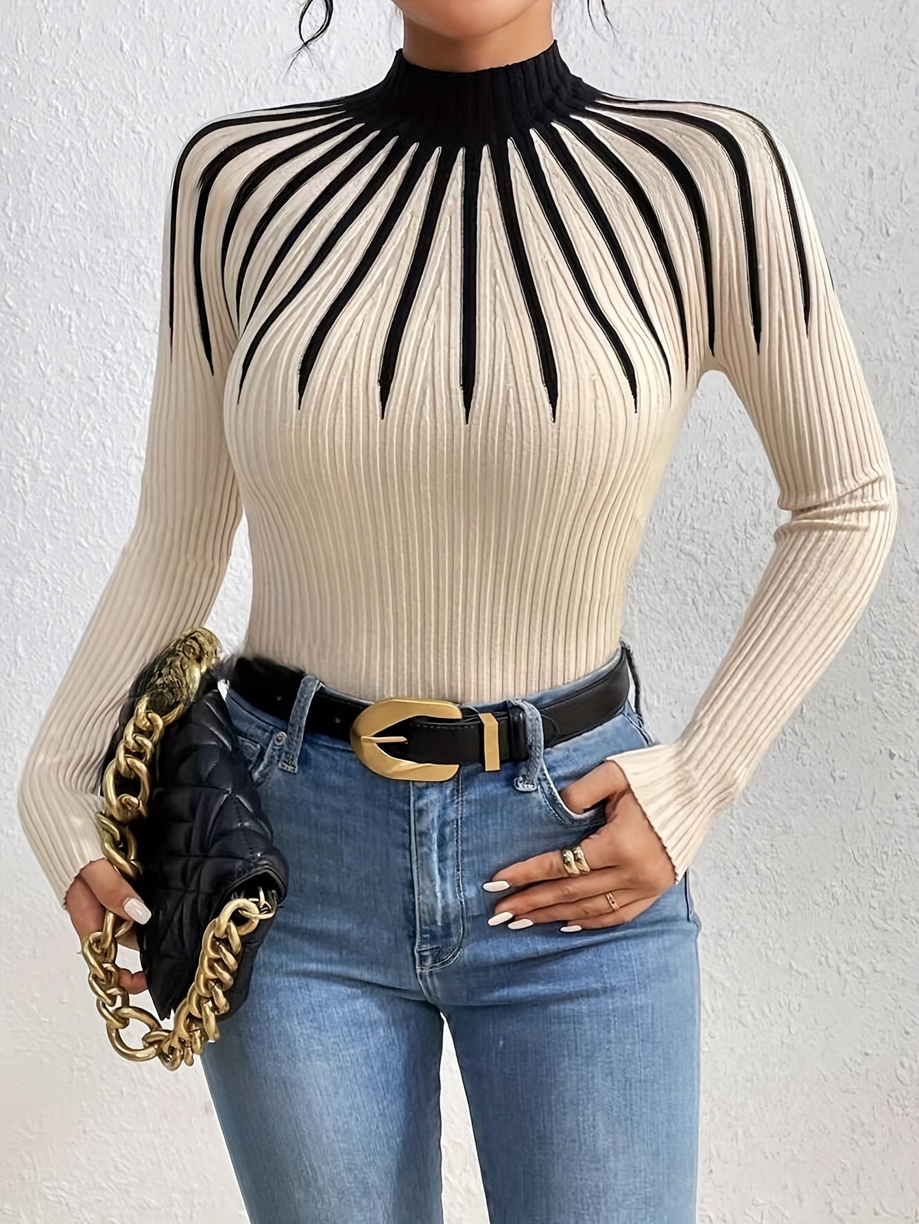 Dulcinea | Elegante ribgebreide trui met kleurblokken - Pullover met lange mouwen en ronde hals voor dames