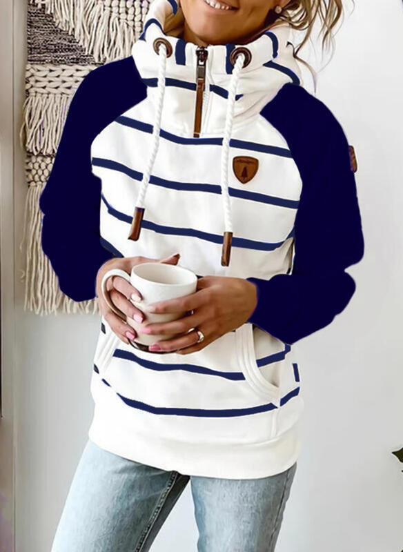 Odalis | Sweat à capuche d'hiver tendance à rayures, col montant zippé et poches kangourou