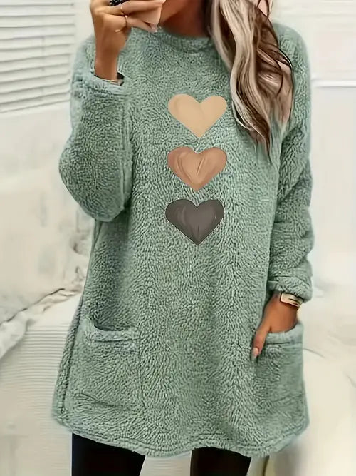 Gevina | Kleurrijk fleece sweatshirt met hartjes en zakken – Comfortabele wintertrui, zachte casual top