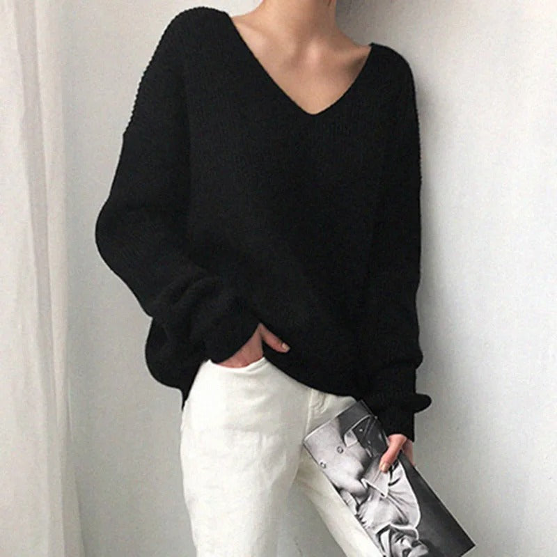 Nella | Pull en grosse maille à col V pour femme, pull doux et décontracté, maille d'hiver confortable et élégante
