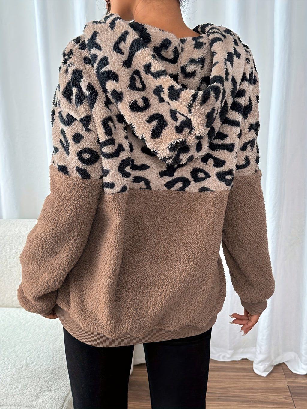 Agatha | Damestrui met luipaardprint - Knus Teddy Pluche Sweatshirt, Polyester Contrast Trui, Casual Gebreide Top met Capuchon