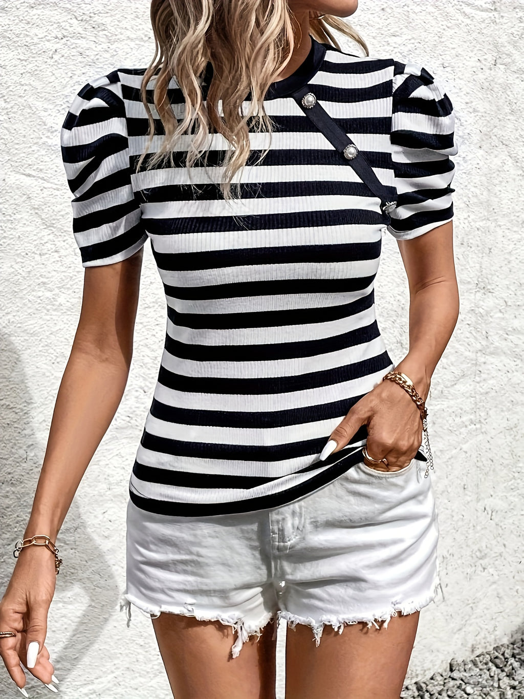 Sidonie | Striped T-shirt for Women - Casual, Short Sleeve, Knitted Top for Everyday Wear