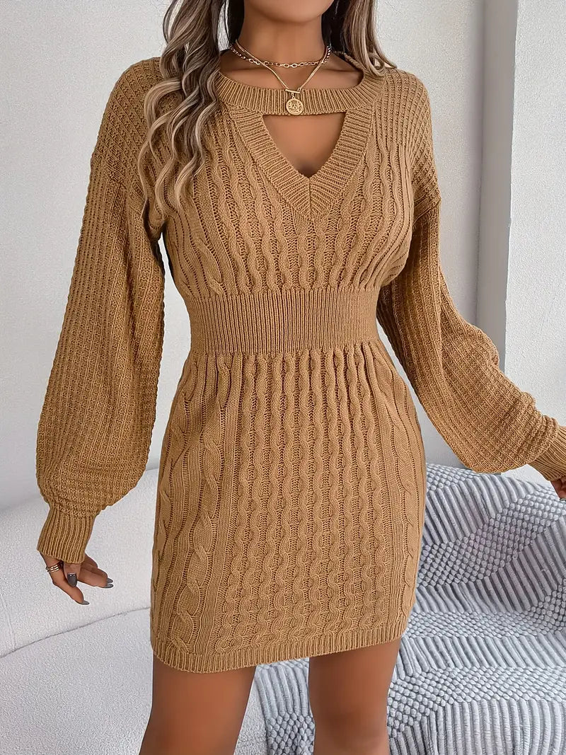 Fonda | Knitted Women's Sweater with Keyhole Detail & Lantern Sleeves, Elegant Winter Dress