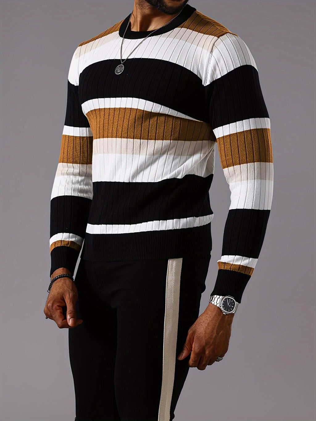 Epoch | Casual Gestreepte Pullover met Kleurblokken voor Heren - Sweater met Lange Mouwen en Ronde Hals