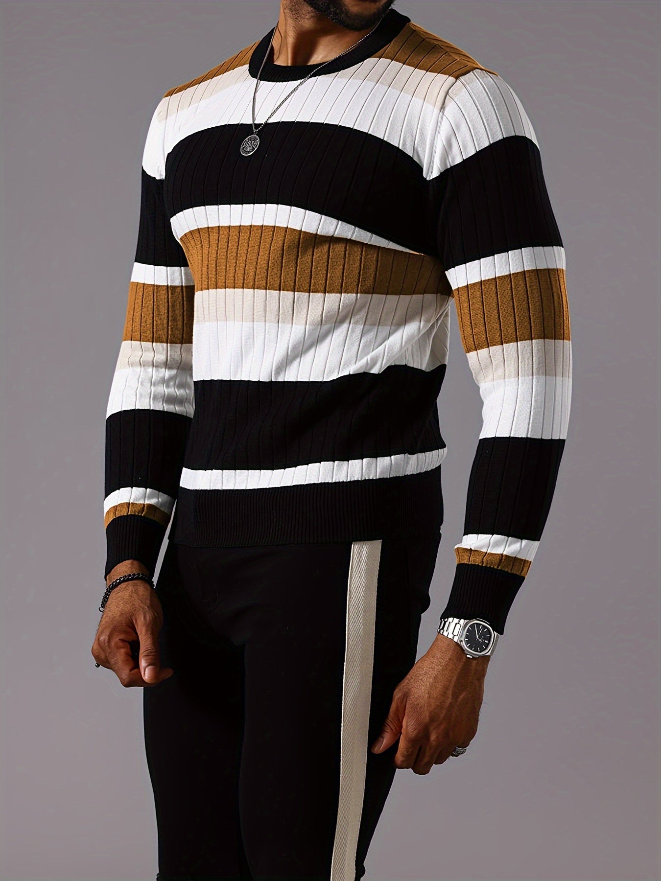 Epoch | Casual Gestreepte Pullover met Kleurblokken voor Heren - Sweater met Lange Mouwen en Ronde Hals