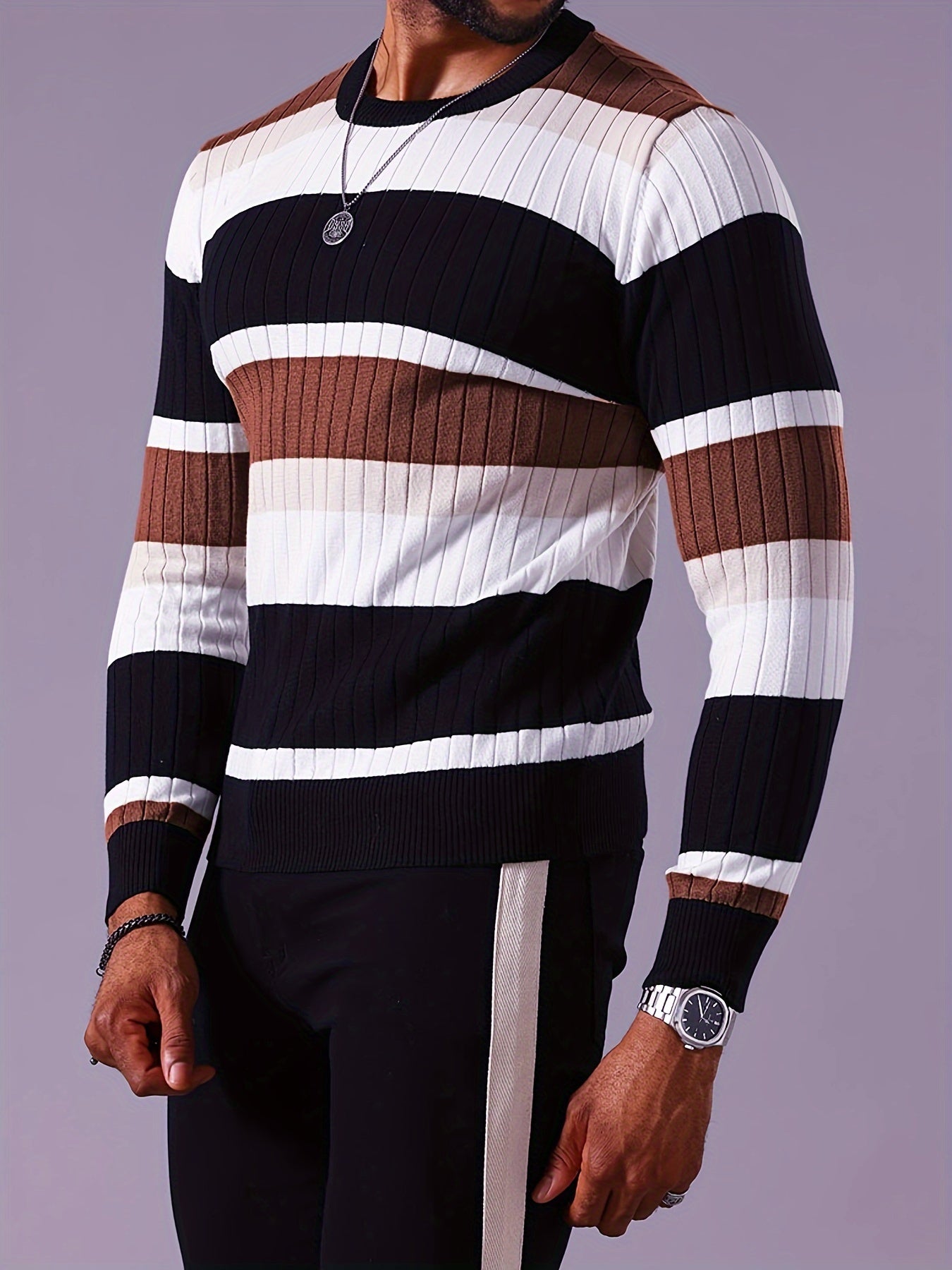 Epoch | Casual Gestreepte Pullover met Kleurblokken voor Heren - Sweater met Lange Mouwen en Ronde Hals