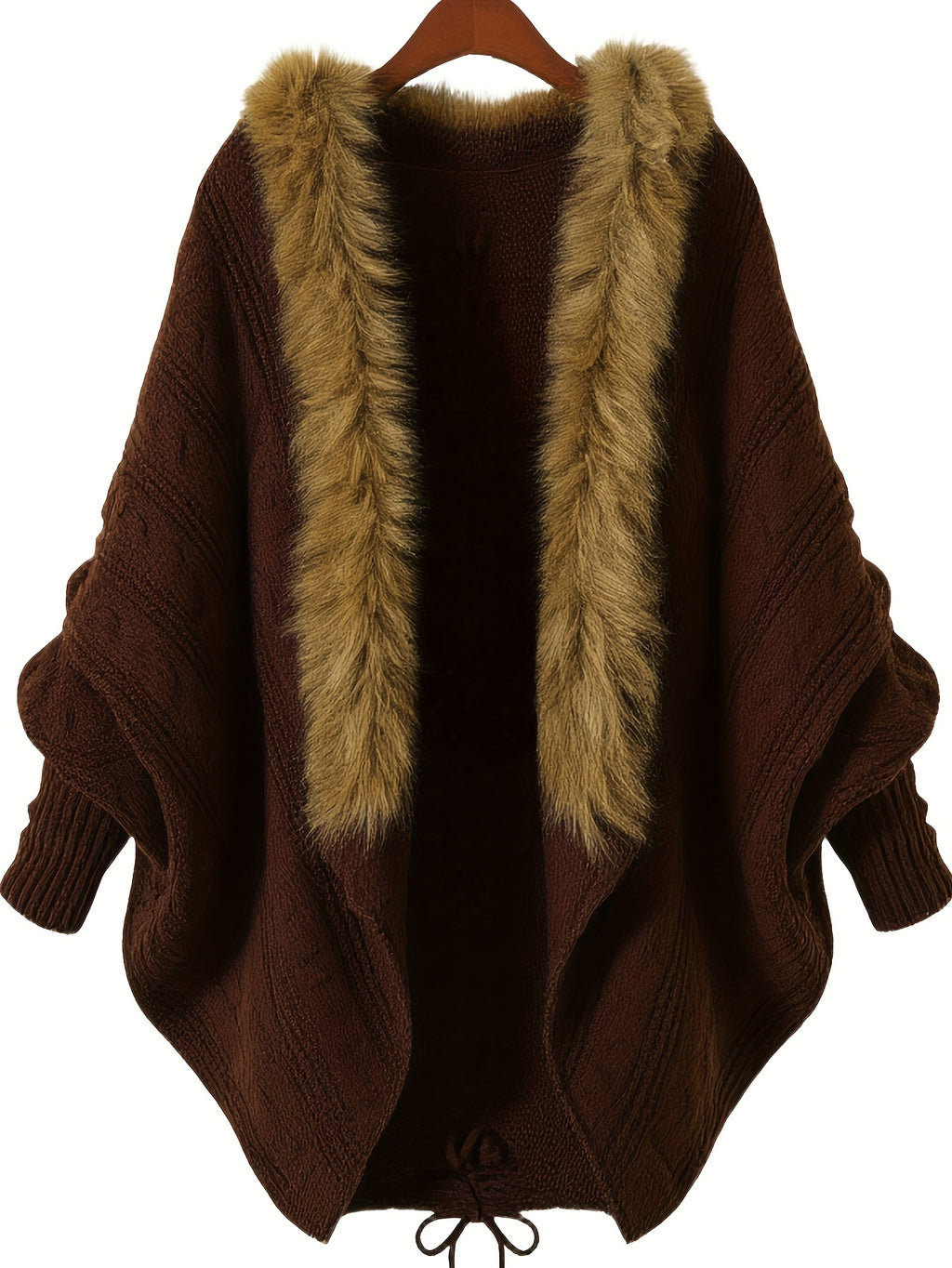 Aemilia | Dikke cape-jas voor dames – met nepbontrand, kabelbreiwerk, warme herfst- en winterjas