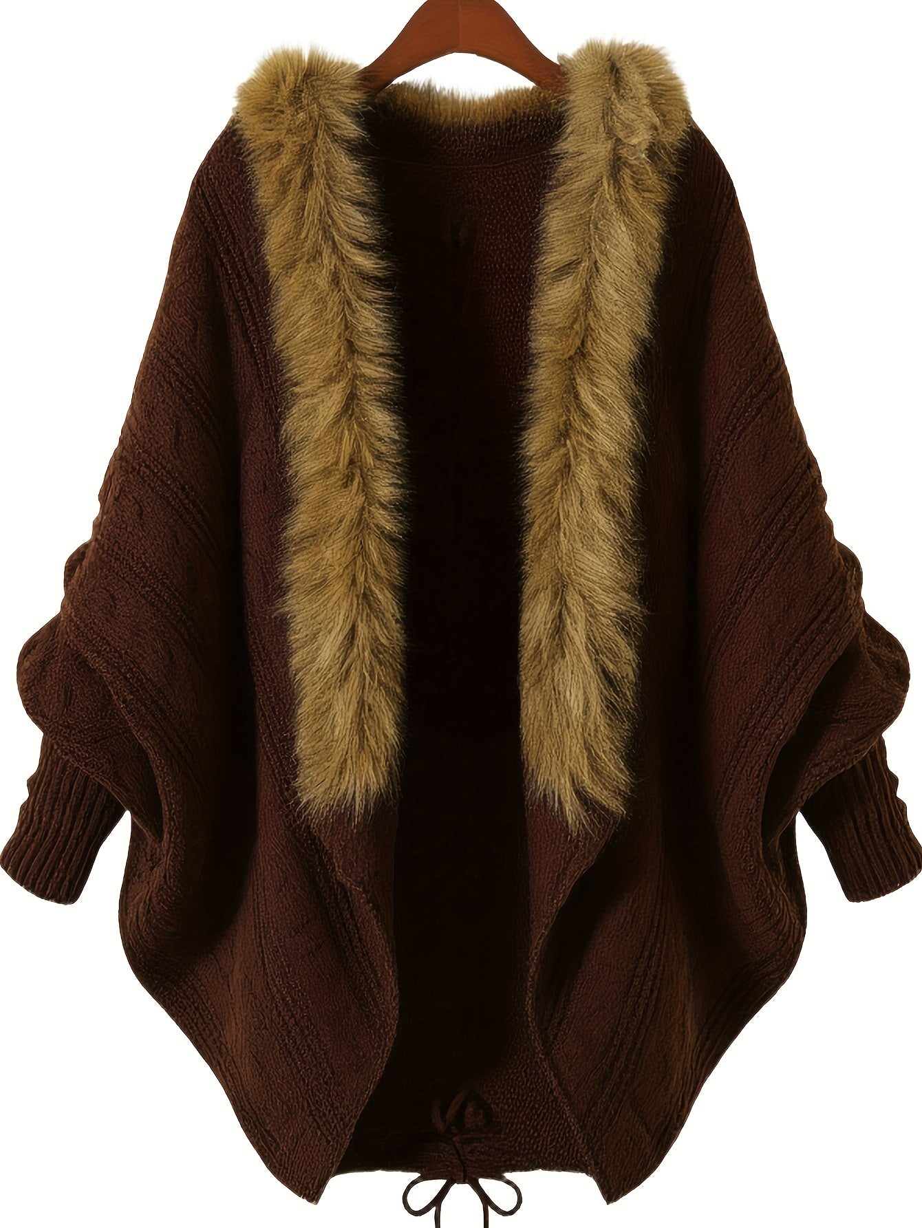 Aemilia | Dikke cape-jas voor dames – met nepbontrand, kabelbreiwerk, warme herfst- en winterjas