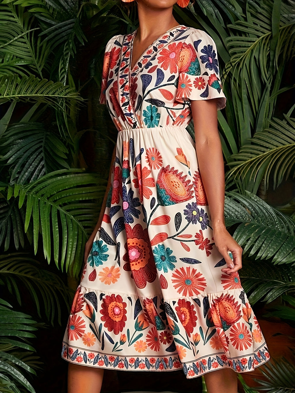 Lenka | Women's floral print dress with V-neck, butterfly sleeves, A-line, and ruffled hem