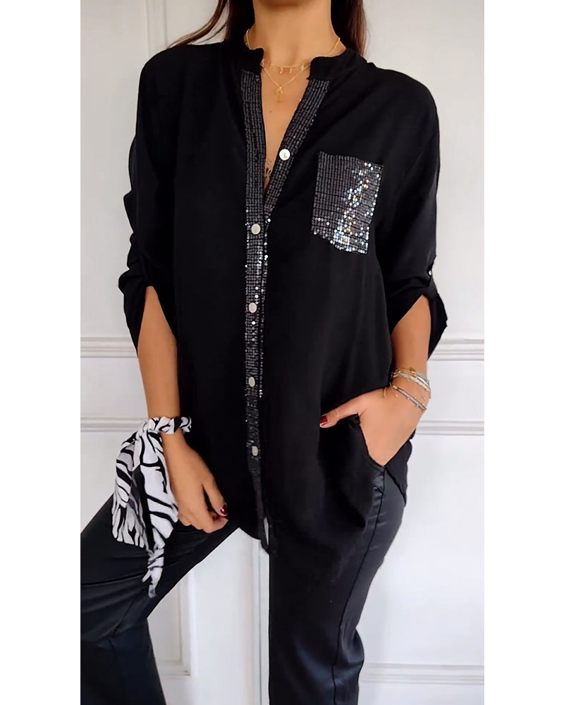 Stella | Elegant Sequin Blouse - Casual Button-Down Top with Adjustable Cuffs