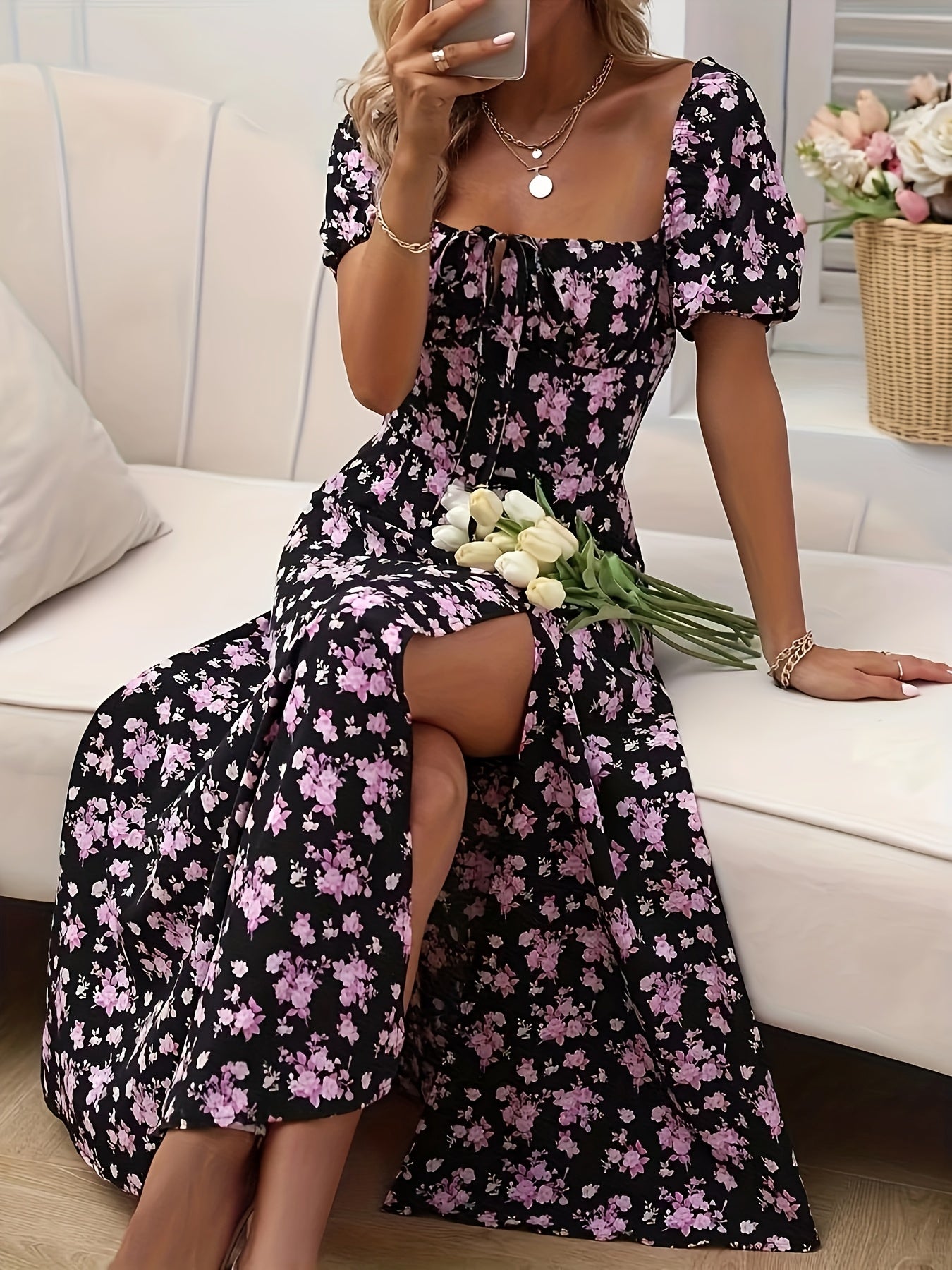Jadzia | Floral A-line dress with puff sleeves - Chic slit hem, elegant midi dress