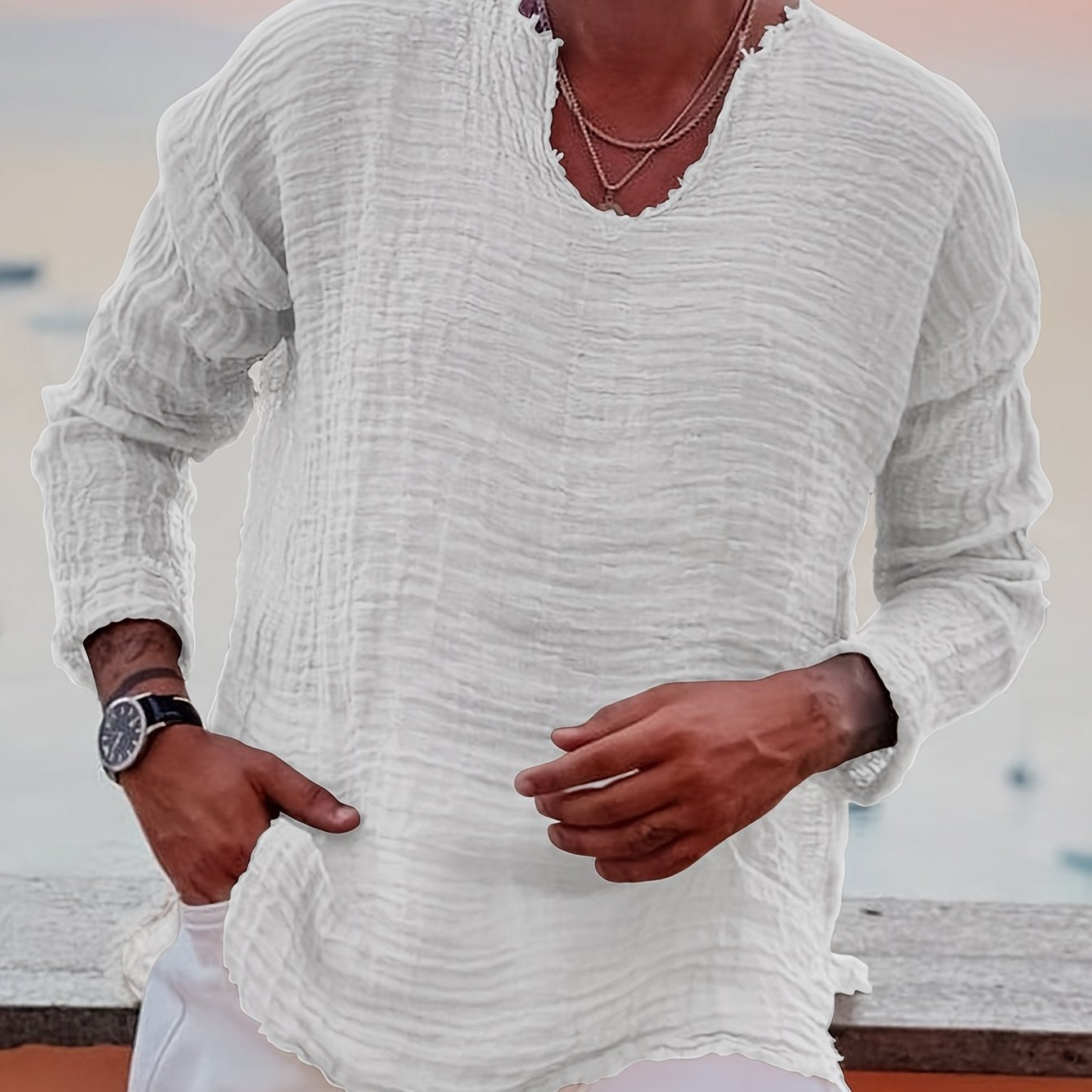 Silo | Heren-T-shirt met korte mouwen en V-hals – Casual zomers strandtop met verweerde look