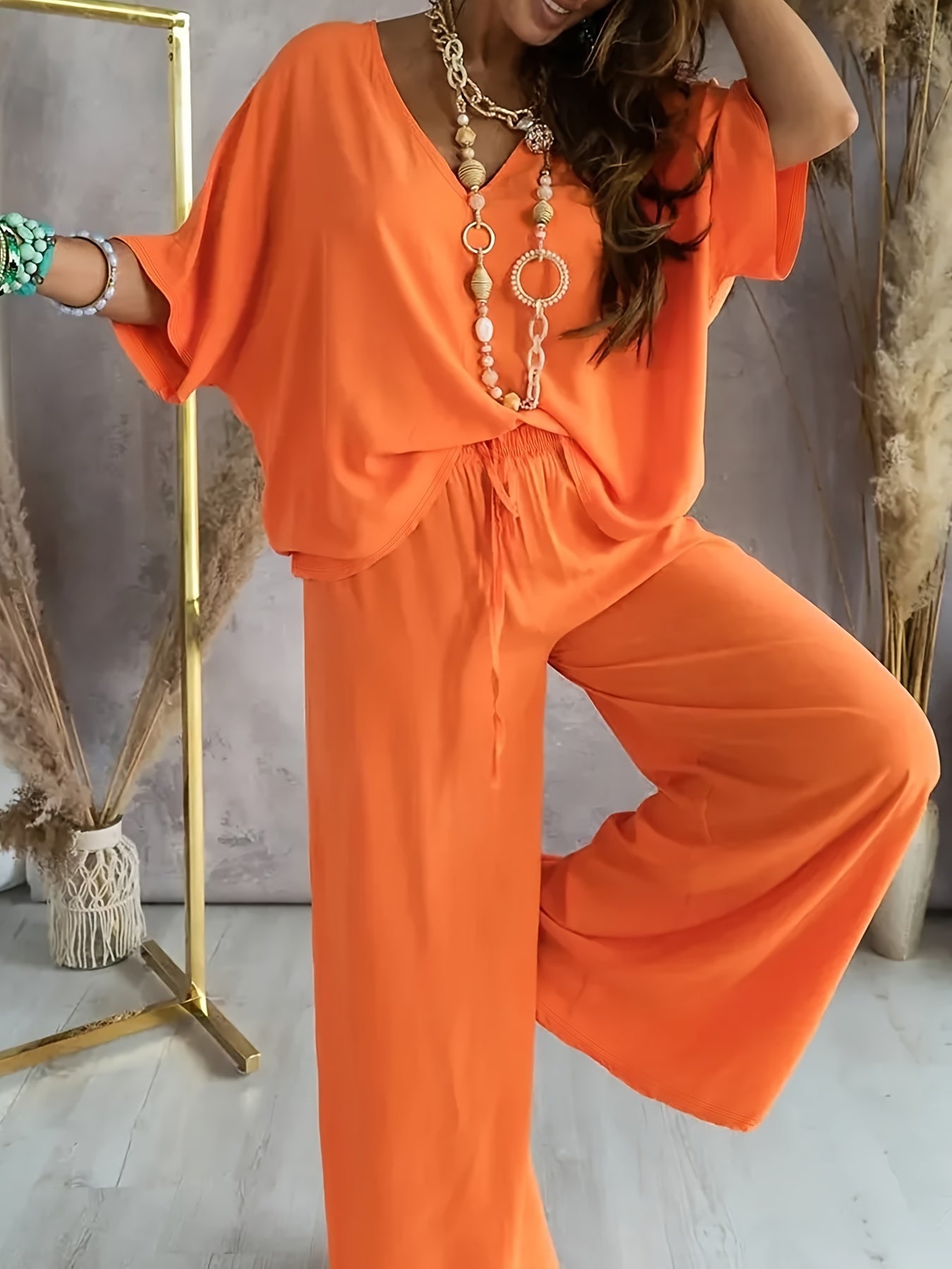 Giselora | Women's V-Neck Half Sleeve Top & Wide Leg Trousers