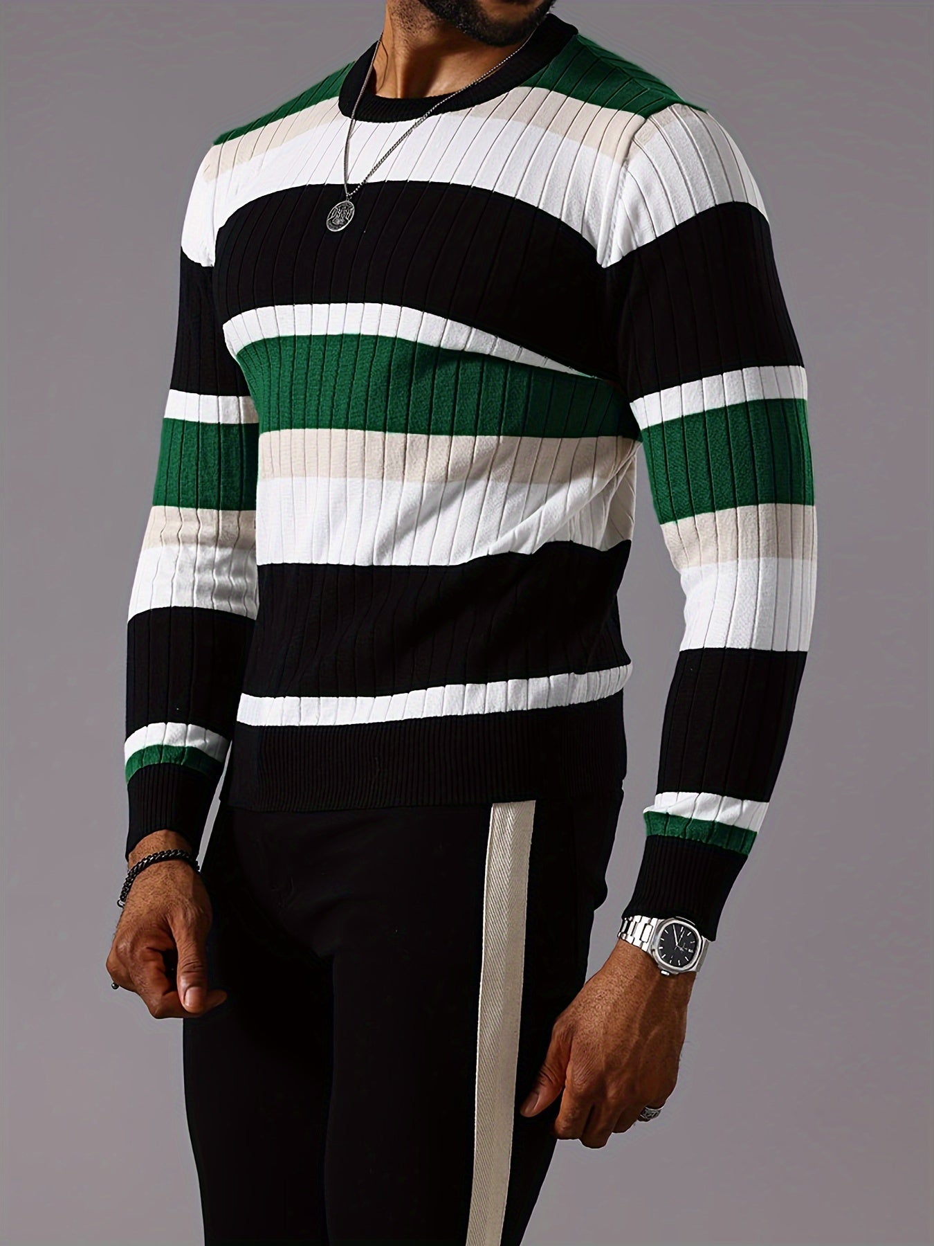 Epoch | Casual Gestreepte Pullover met Kleurblokken voor Heren - Sweater met Lange Mouwen en Ronde Hals