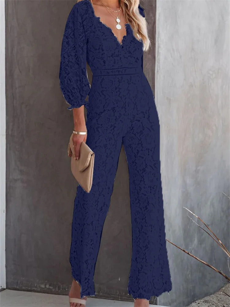 Jillian | Witte holle bloemenprint v-hals wijde broek jumpsuit