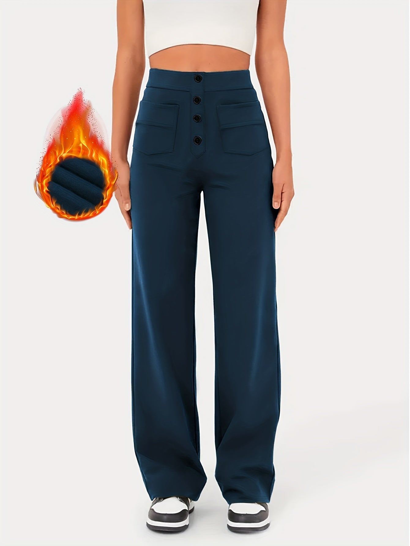 Samara | Marineblauwe stretchbroek met hoge taille, knoopsluiting en meerdere zakken