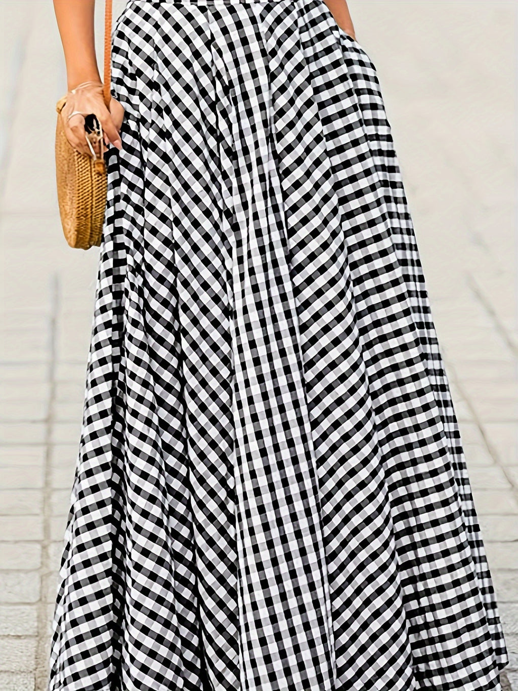 Mirthea | Gingham Midi Skirt for Women - high waist, flowy A-line, elegant and lightweight