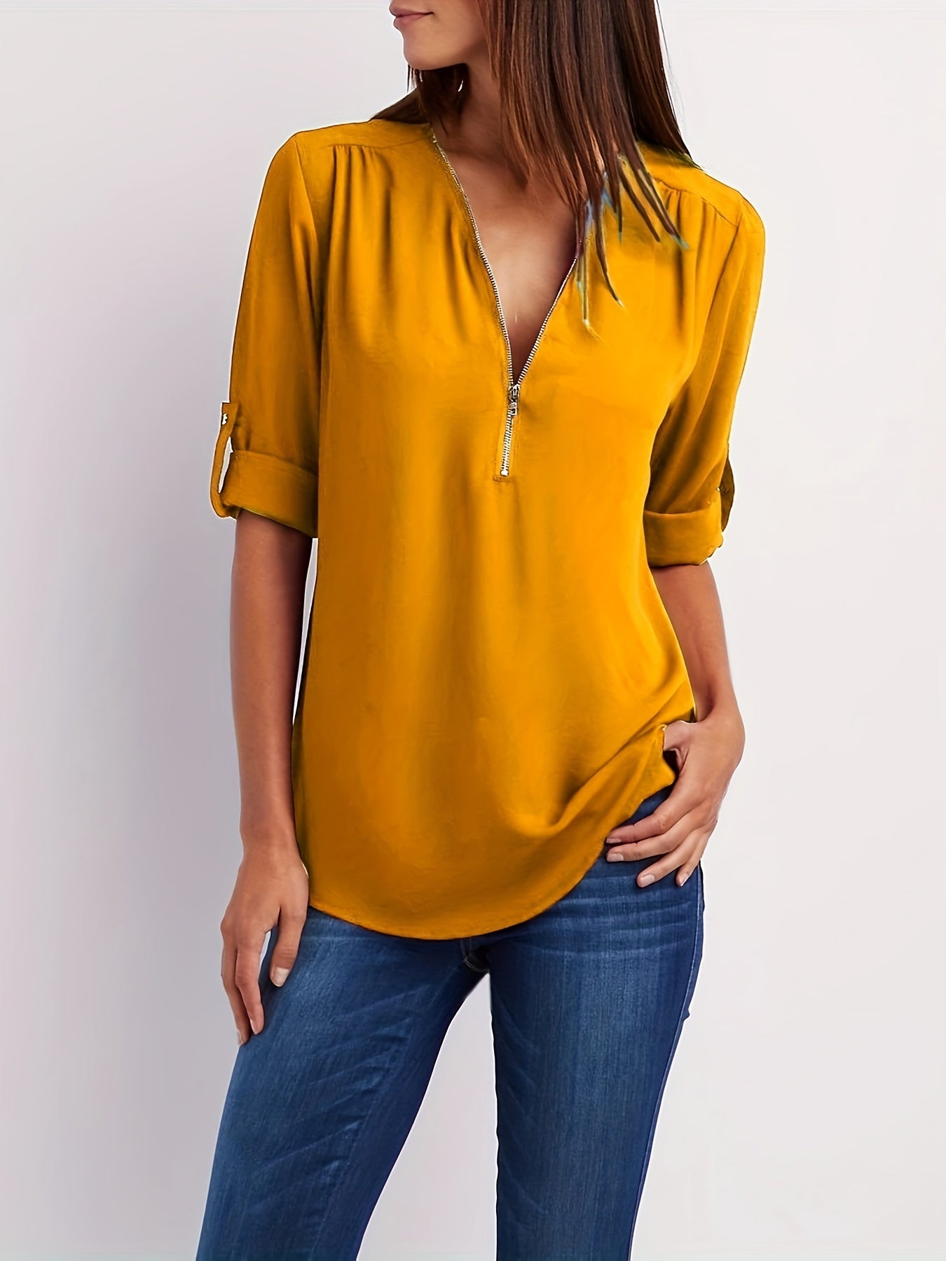 Veridiana | Women's V-Neck Half-Zip Blouse - Casual Ruffle Sleeve, Elegant and Breathable