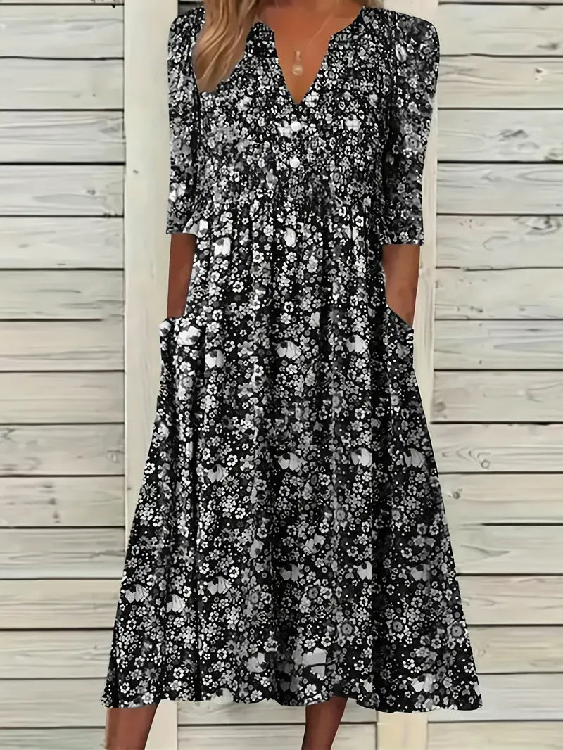 Allyn - Blossom Ditsy bloemenprint V-hals jurk met zakken