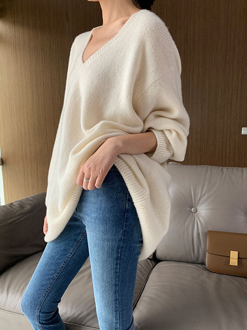 Inger | Klassieke gebreide V-hals trui voor dames – Losvallende pullover, warme kasjmiermix