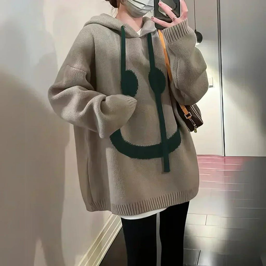 Meria | Oversized Smiley Hoodie voor Dames - Knus Lang Pullover Sweatshirt, Casual Winter Top
