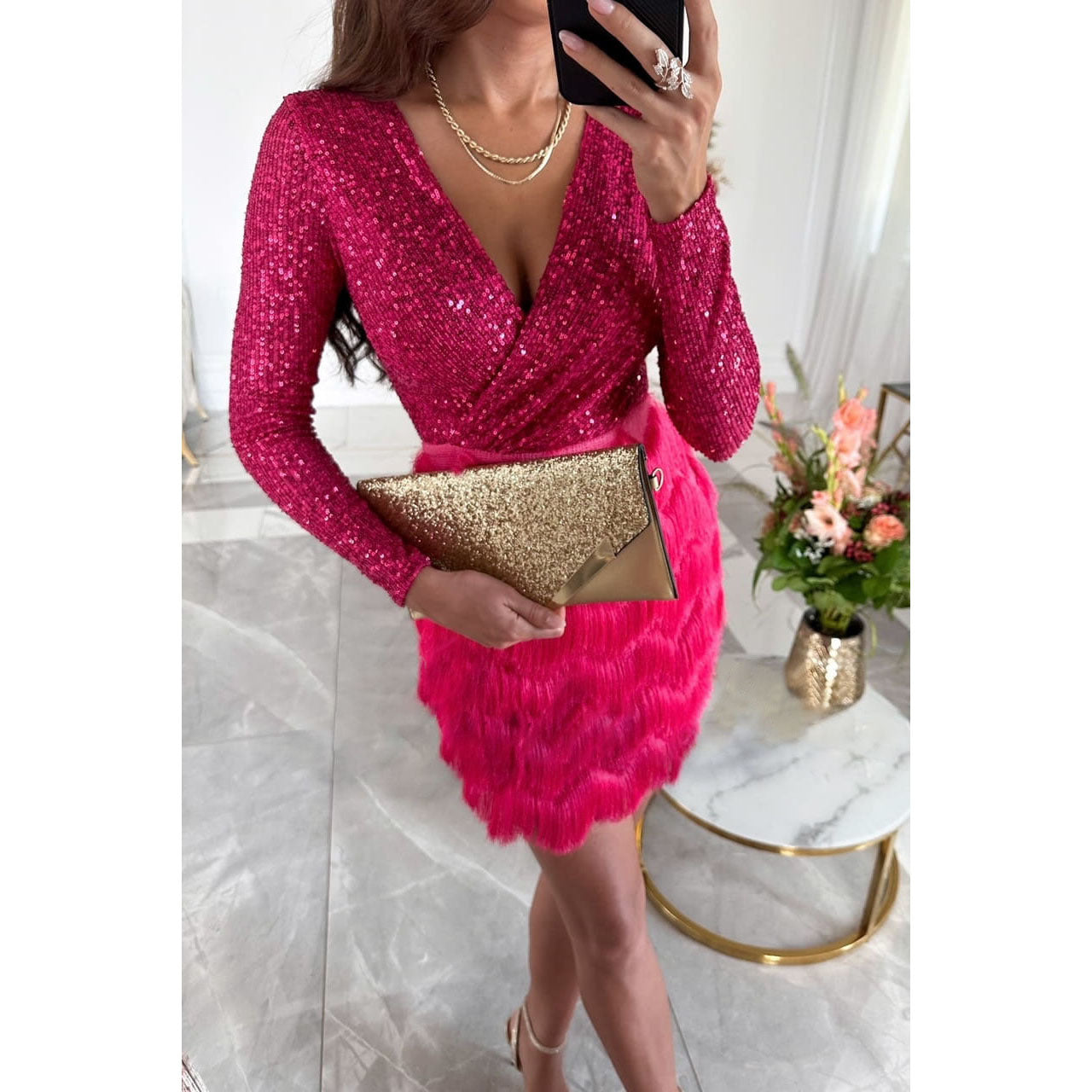 Veda | Elegant Sequin Mini Dress for Women - Long Sleeves, Deep V-Neck, Stylish Evening Wear