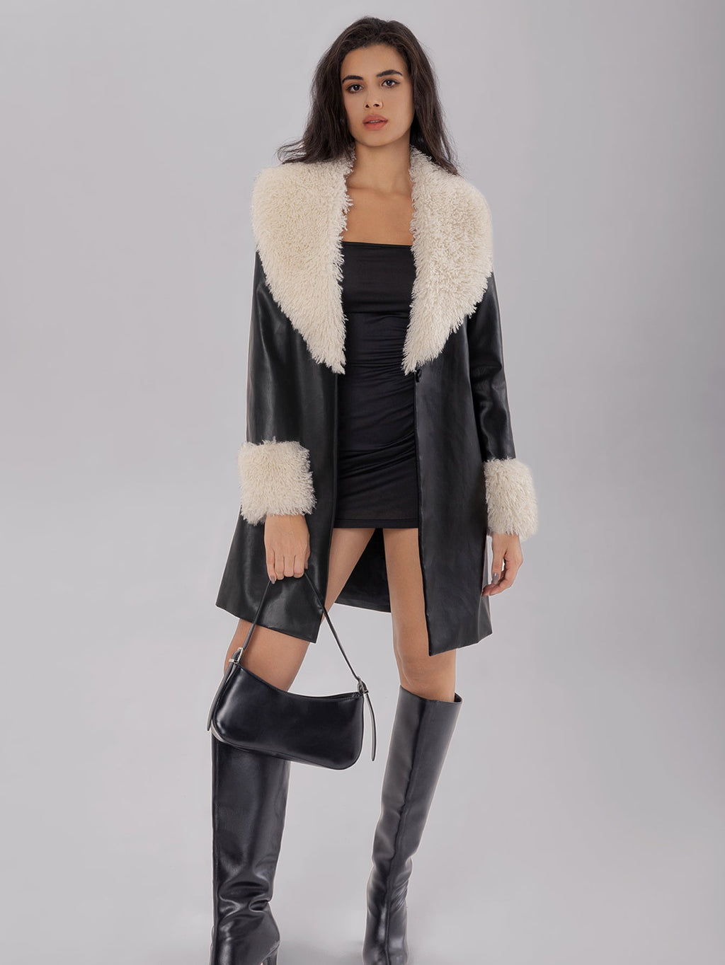 Posy | Women's leather jacket with fluffy collar, warm fleece lining