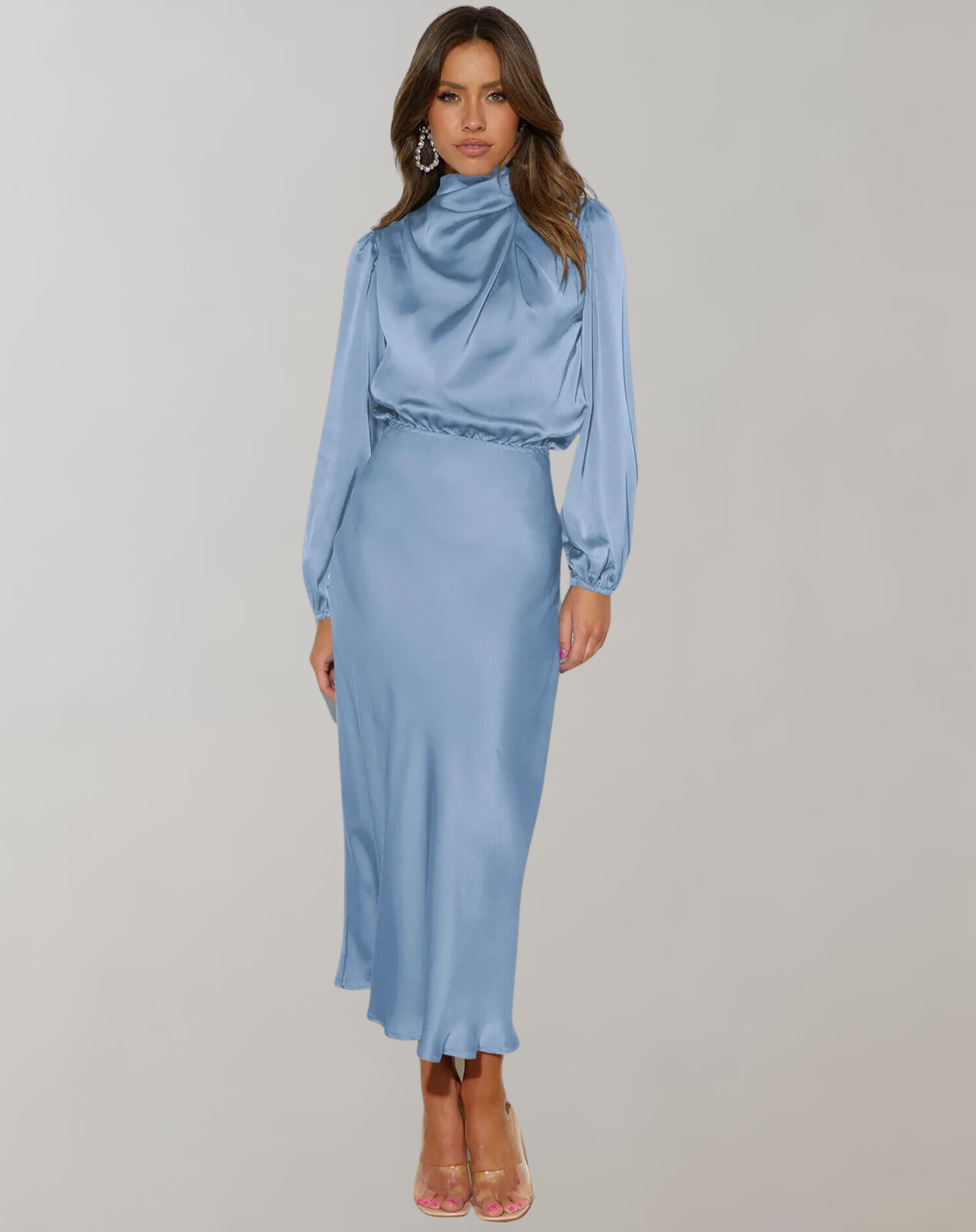 Darielle | Elegante satijnen jurk met lange mouwen voor avond, feest & formele kleding