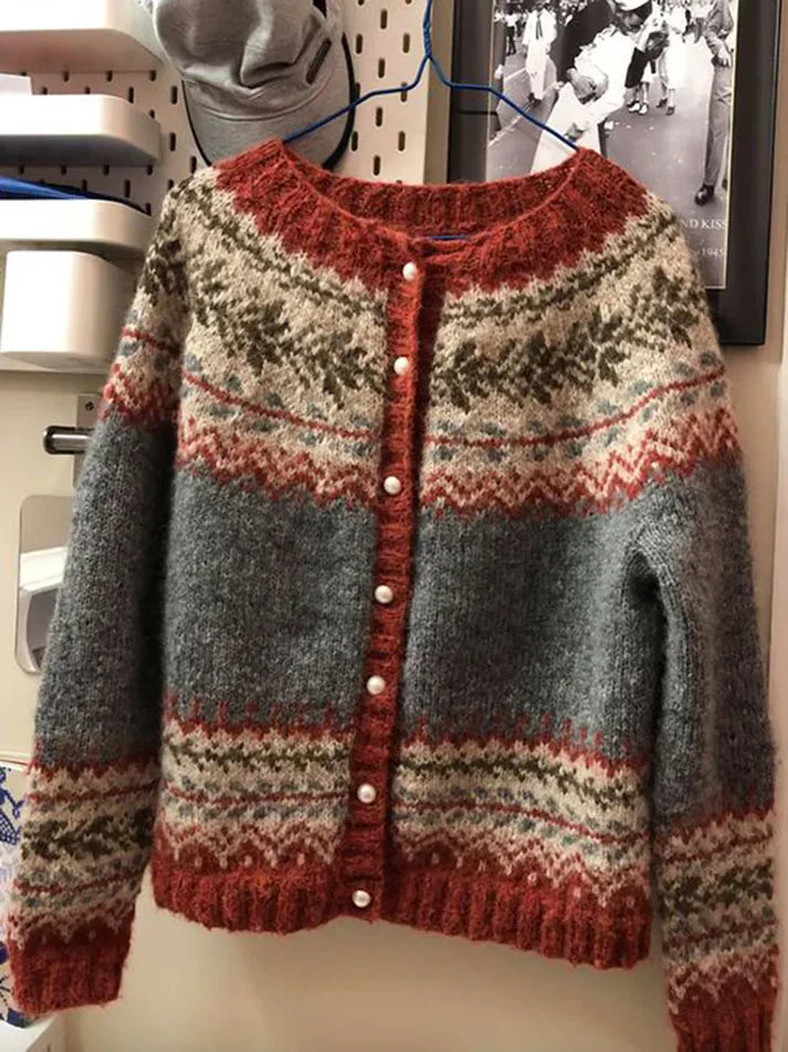 Rada | Vintage Jacquard Trui met Knoopsluiting - Stijlvolle Gebreide Top, Elegante Print, Herfst- & Wintermode