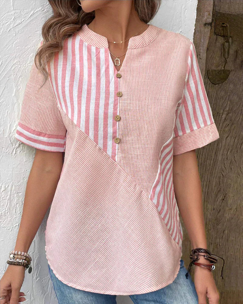 Kresimira | Elegante Gestreepte Patchwork Blouse - Korte Mouw Casual Shirt voor Vrouwen