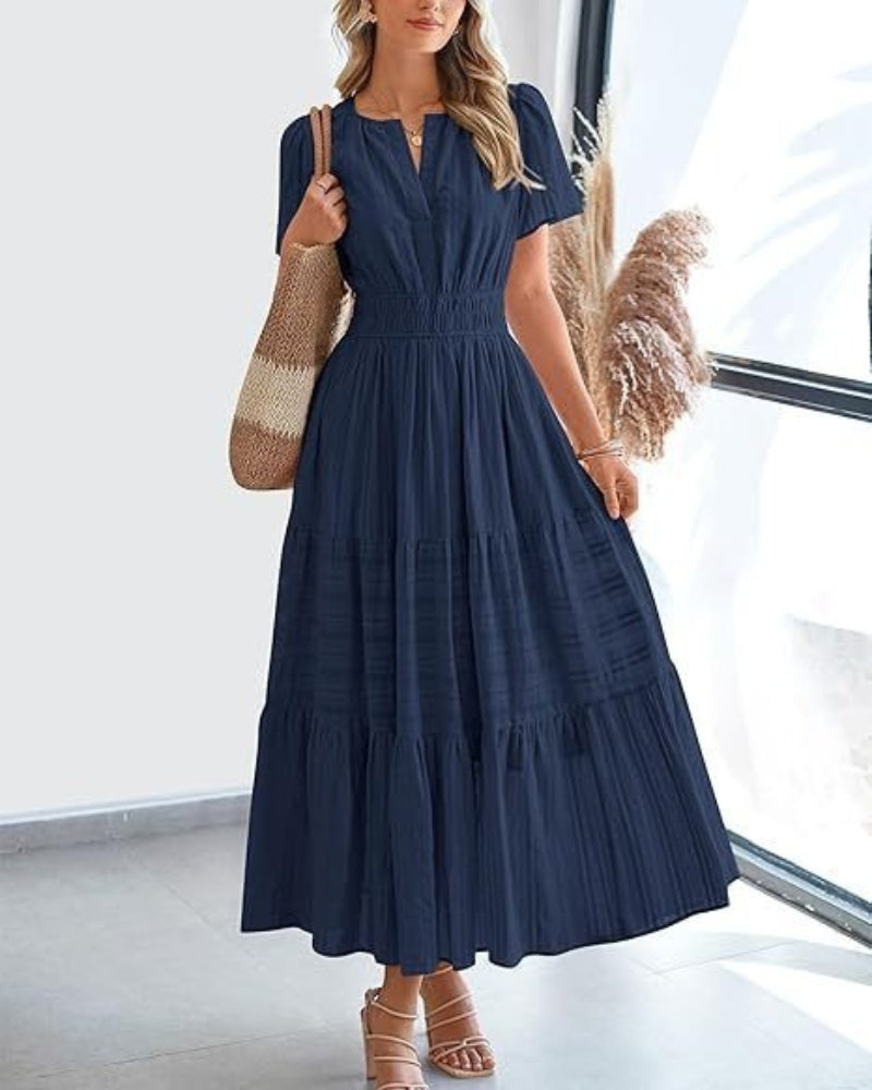 Olinda | Casual Short-Sleeved Maxi Dress - Flowy Long Dress for Women